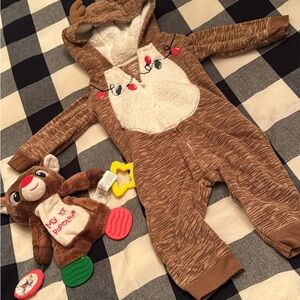 Brown Reindeer Baby Onesie with Hood & toy